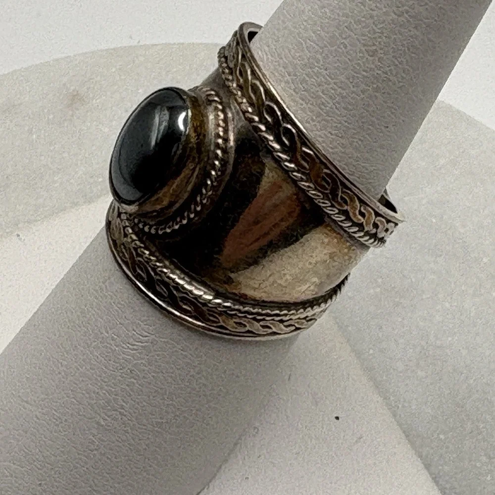 Vintage Sterling Silver Hematite Wide Band Ring Size 7 Bali Boho Braided Estate